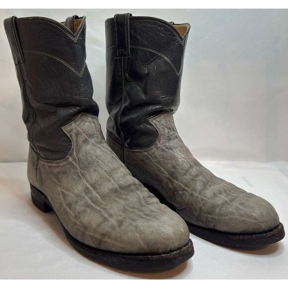 Vintage Justin 3019 Roper Cowboy Boots Mens 8D Gray Black Leather USA Made